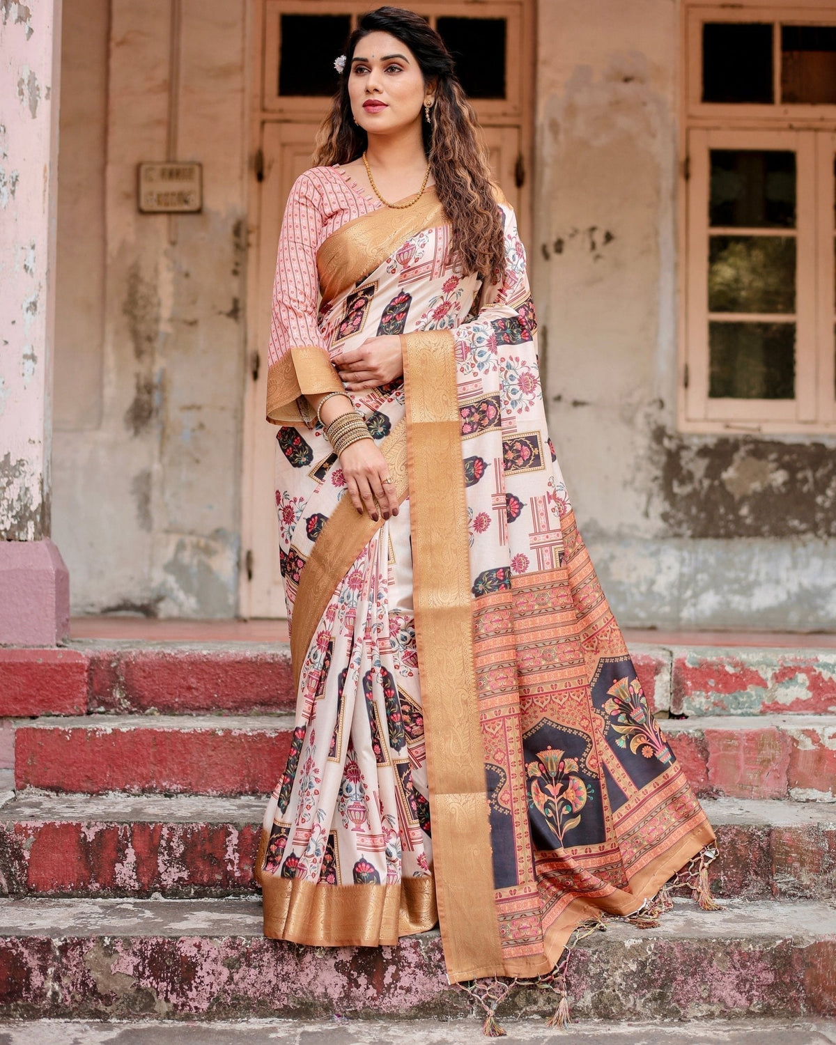 Ivory Tussar Silk Saree with Artistic Floral Motifs and Gleaming