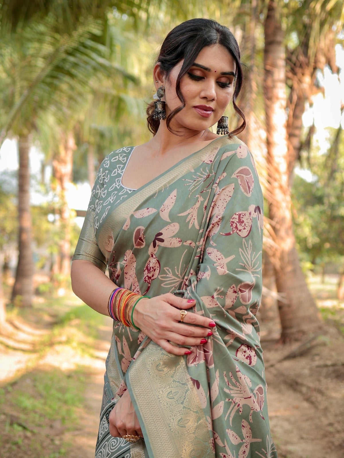 Graceful Olive Green Tussar Silk Saree with Intricate Beige and Maroon