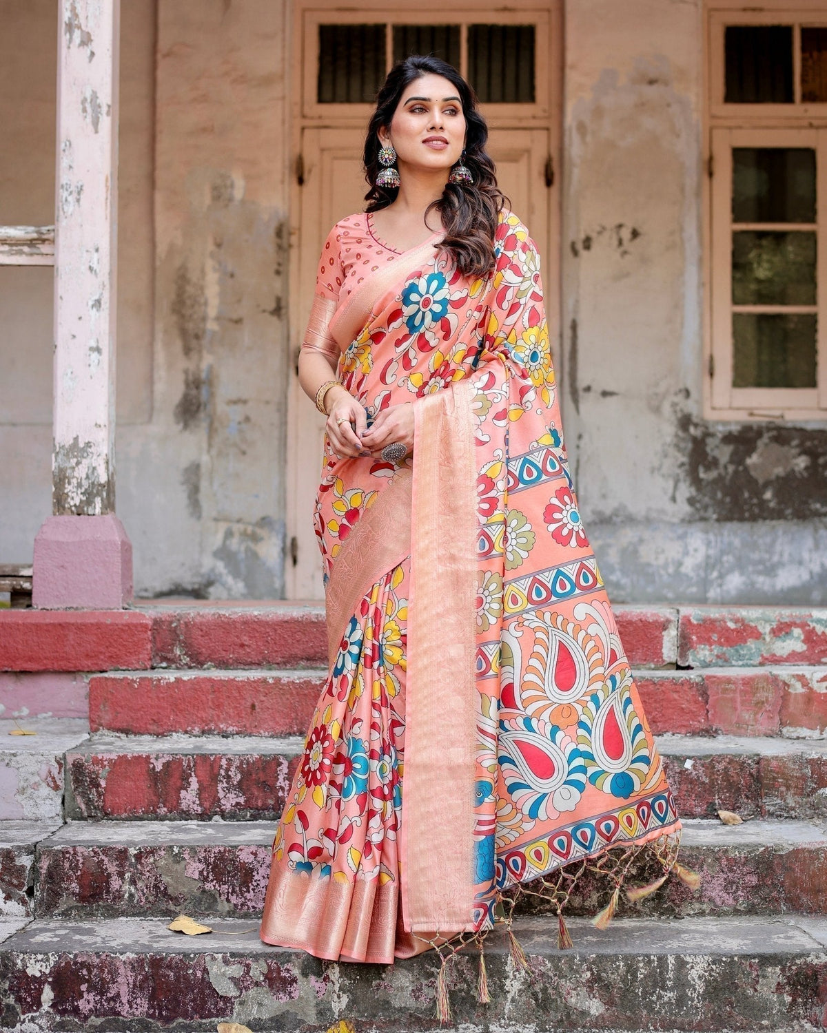 Peach Tussar Silk Saree with Vibrant Floral Kalamkari and Zari