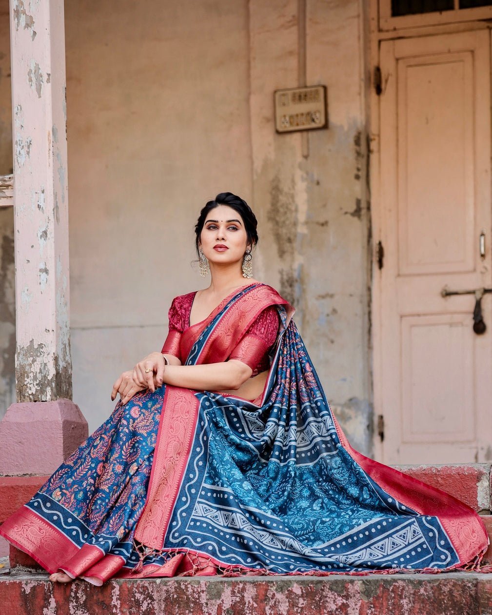 Teal Blue and Coral Tussar Silk Saree with Floral Weaves and Geometric