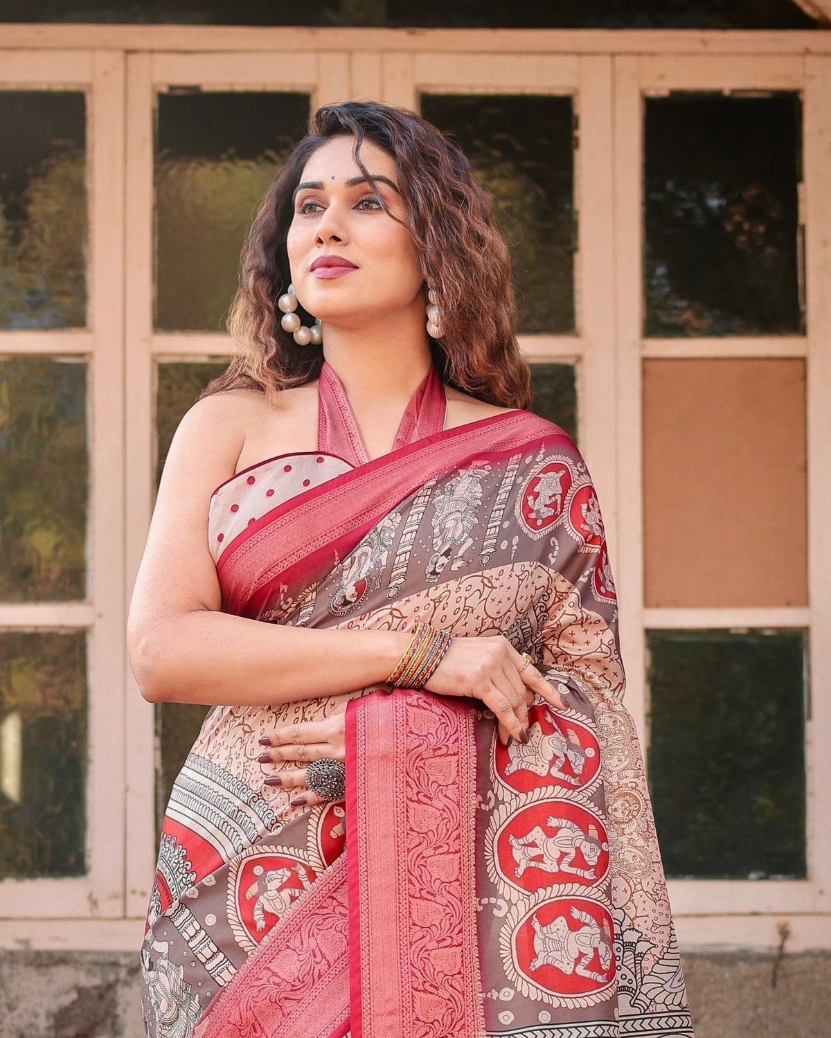 Beige and Red Tussar Silk Saree with Traditional Motifs and Ornamental
