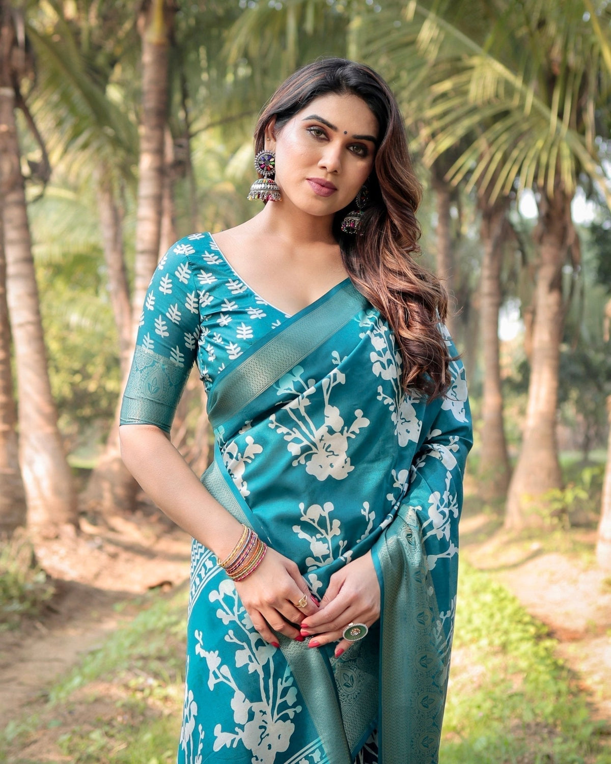 Teal Blue Tussar Silk Saree with White Floral Design, Gold Zari Border