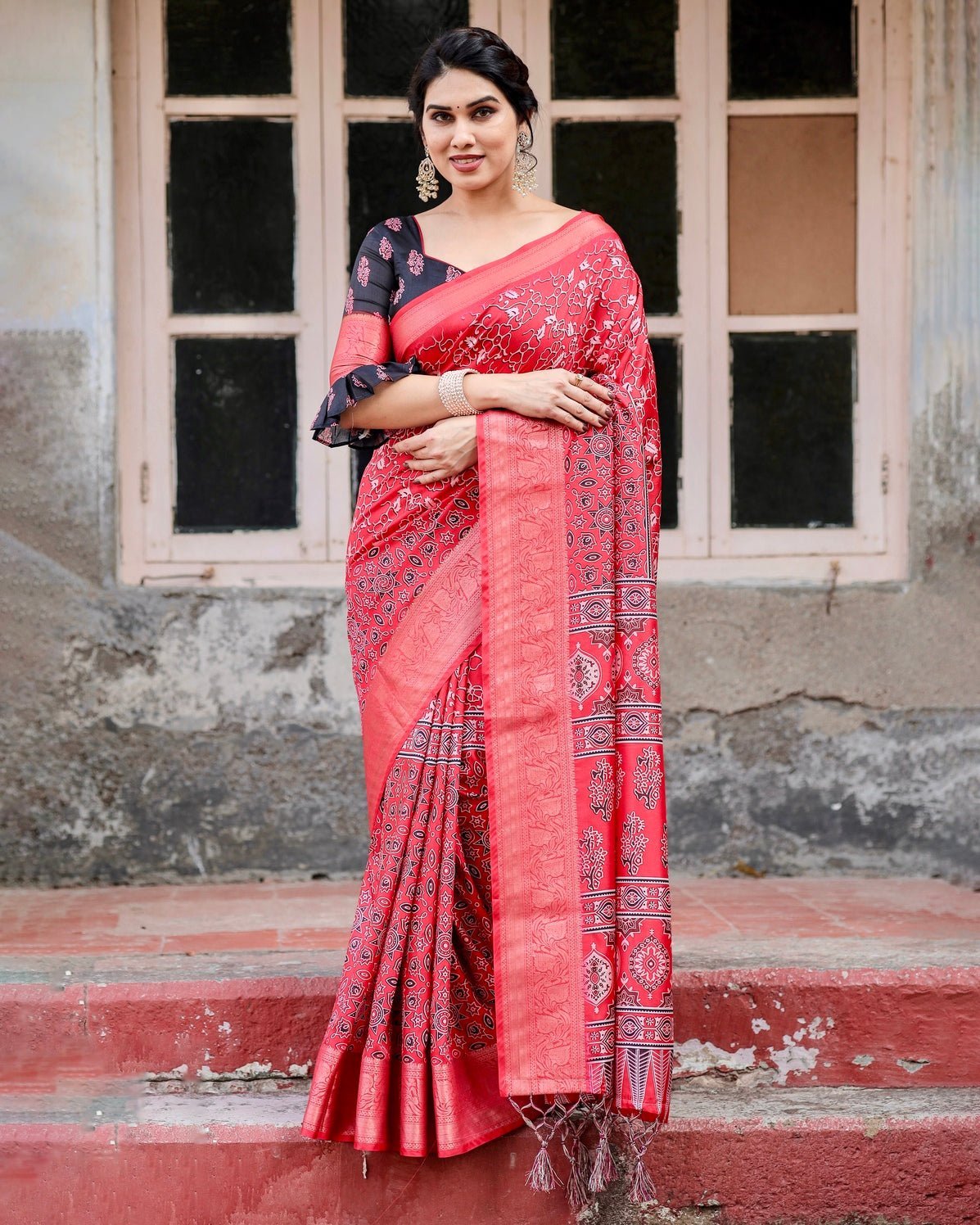 Fiery Red Tussar Silk Saree with Ornamental Motifs and Detailed Zari
