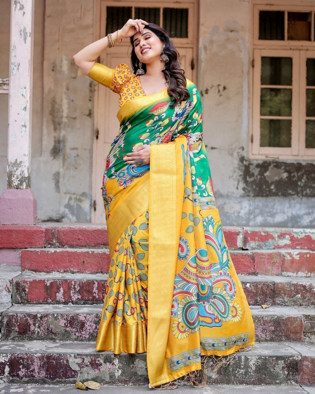 Golden Yellow Tussar Silk Saree with Vibrant Peacock Kalamkari Motifs
