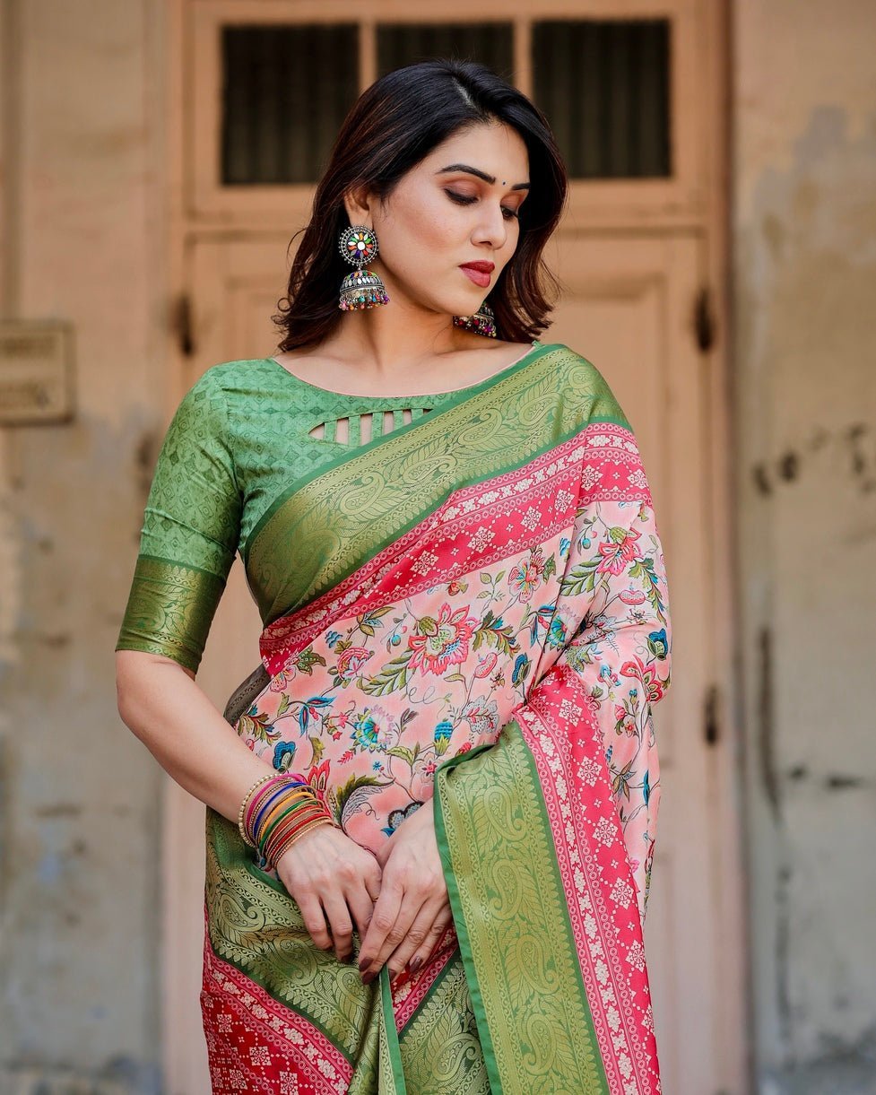 Blush Pink and Green Tussar Silk Saree with Floral Prints and