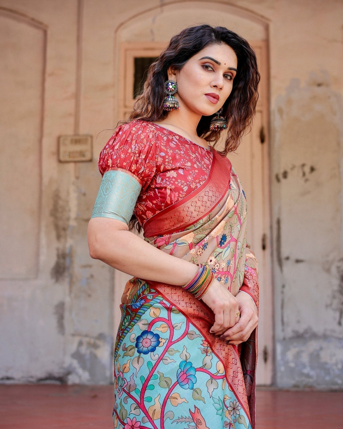 Beige Tussar Silk Saree with Vibrant Multicolor Floral Prints and Red