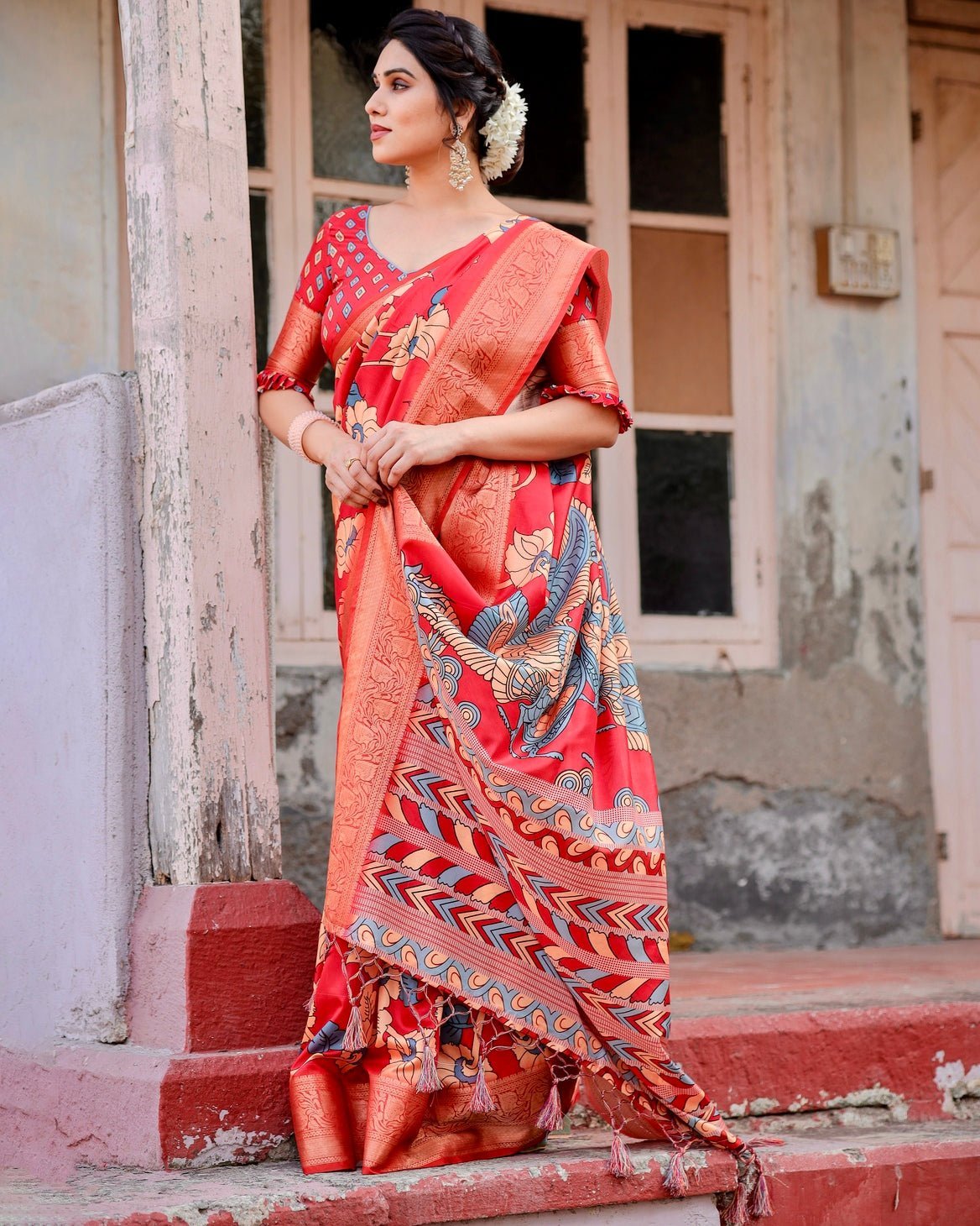 Vibrant Red Tussar Silk Saree with Bold Floral Motifs and Chevron