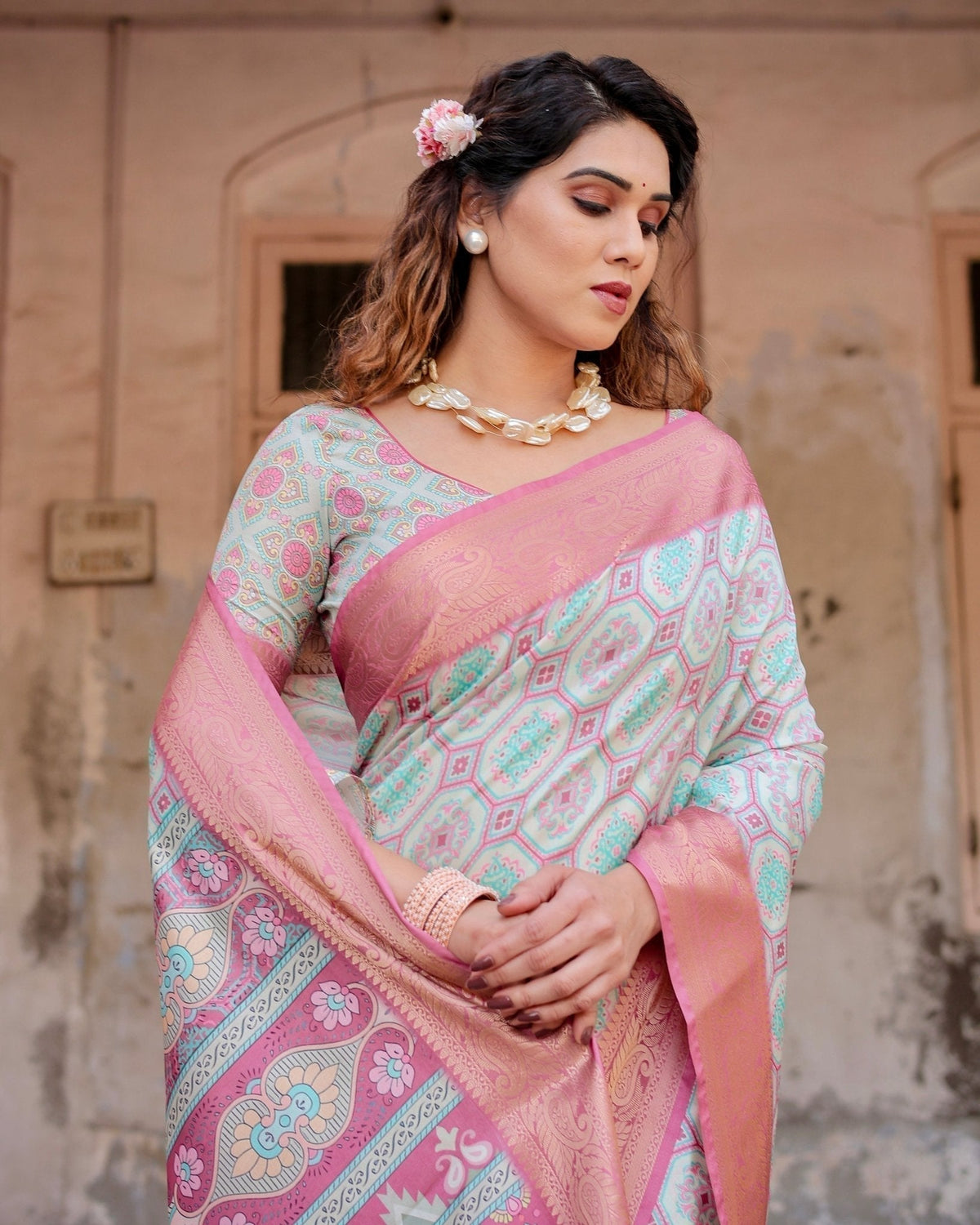Pastel Pink and Mint Green Geometric Tussar Silk Saree with Zari