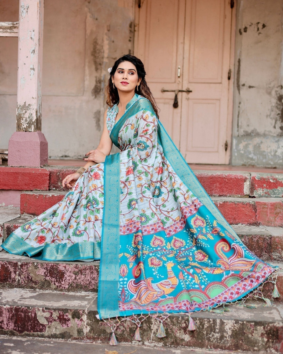 Sky Blue Tussar Silk Saree with Multicolor Floral Design and Zari