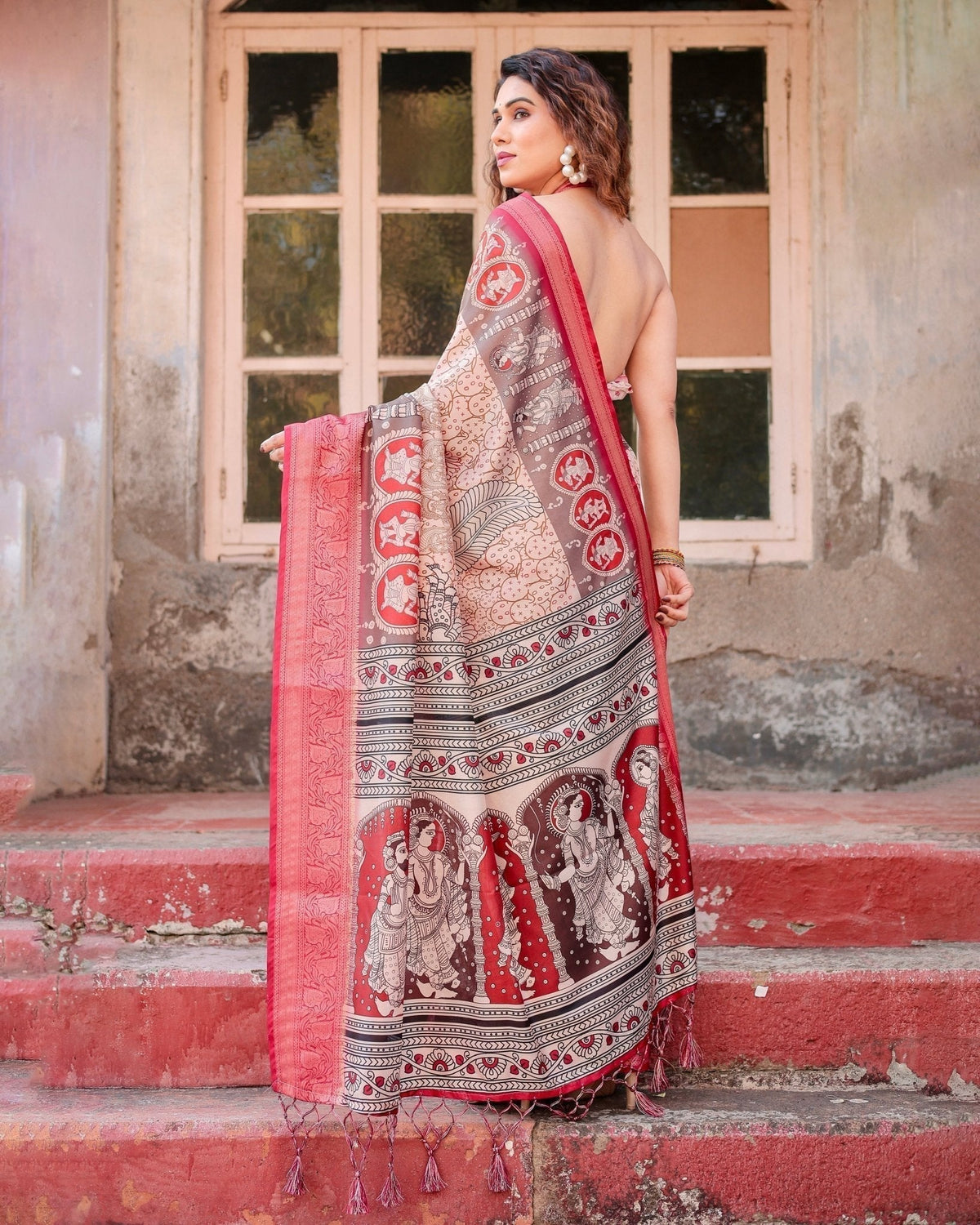 Beige and Red Tussar Silk Saree with Traditional Motifs and Ornamental