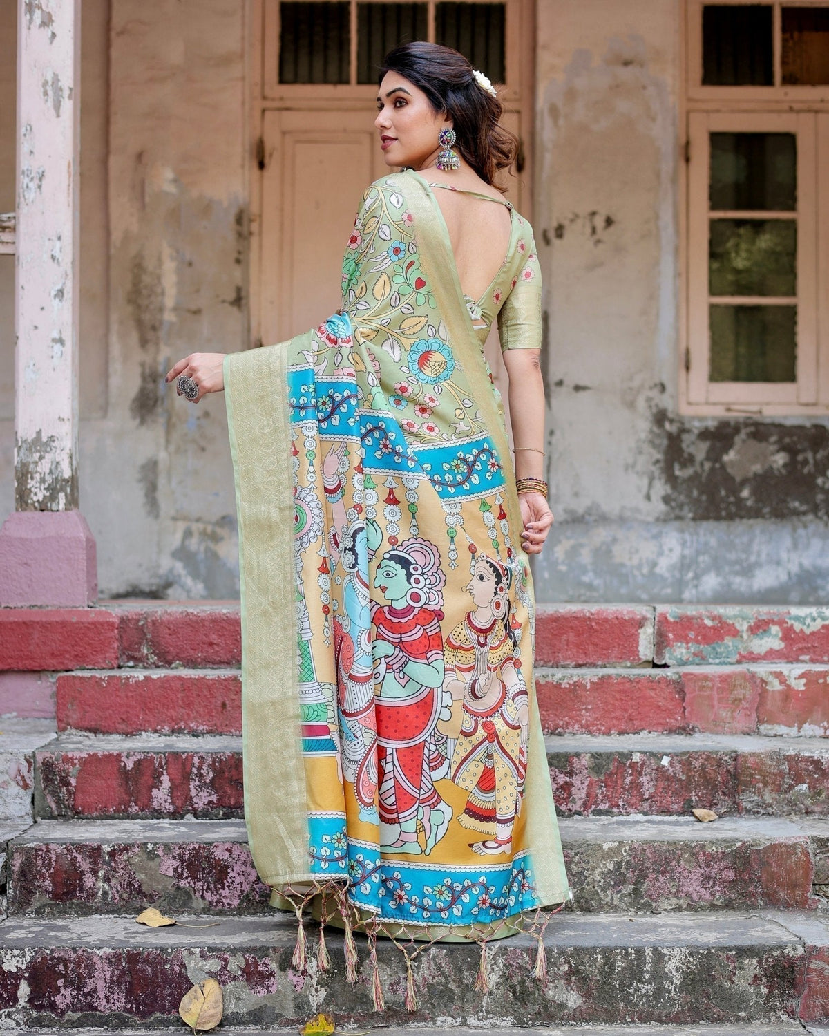 Pastel Green Tussar Silk Saree with Mythological Kalamkari Pallu and