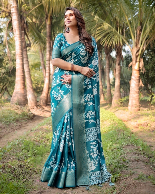 Teal Blue Tussar Silk Saree with White Floral Design, Gold Zari Border