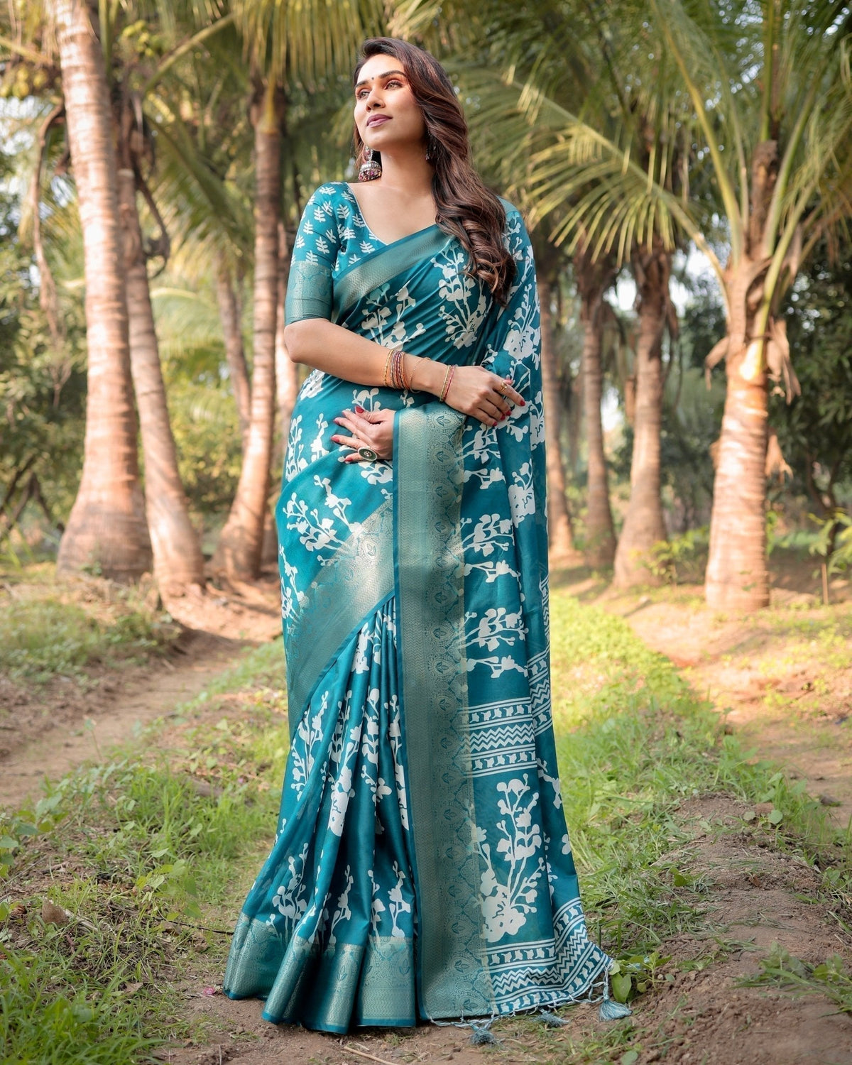 Teal Blue Tussar Silk Saree with White Floral Design, Gold Zari Border