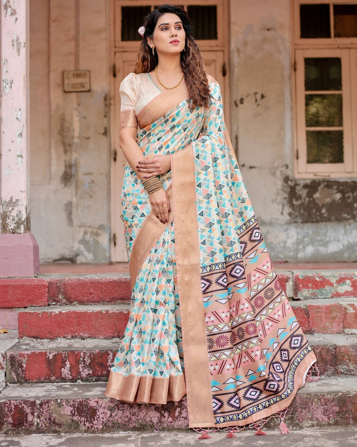 Contemporary Beige Tussar Silk Saree with Geometric Triangle Print and