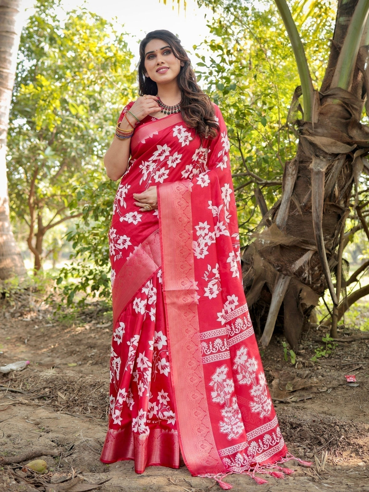 Graceful Red Tussar Silk Saree with White Floral Design and Zari