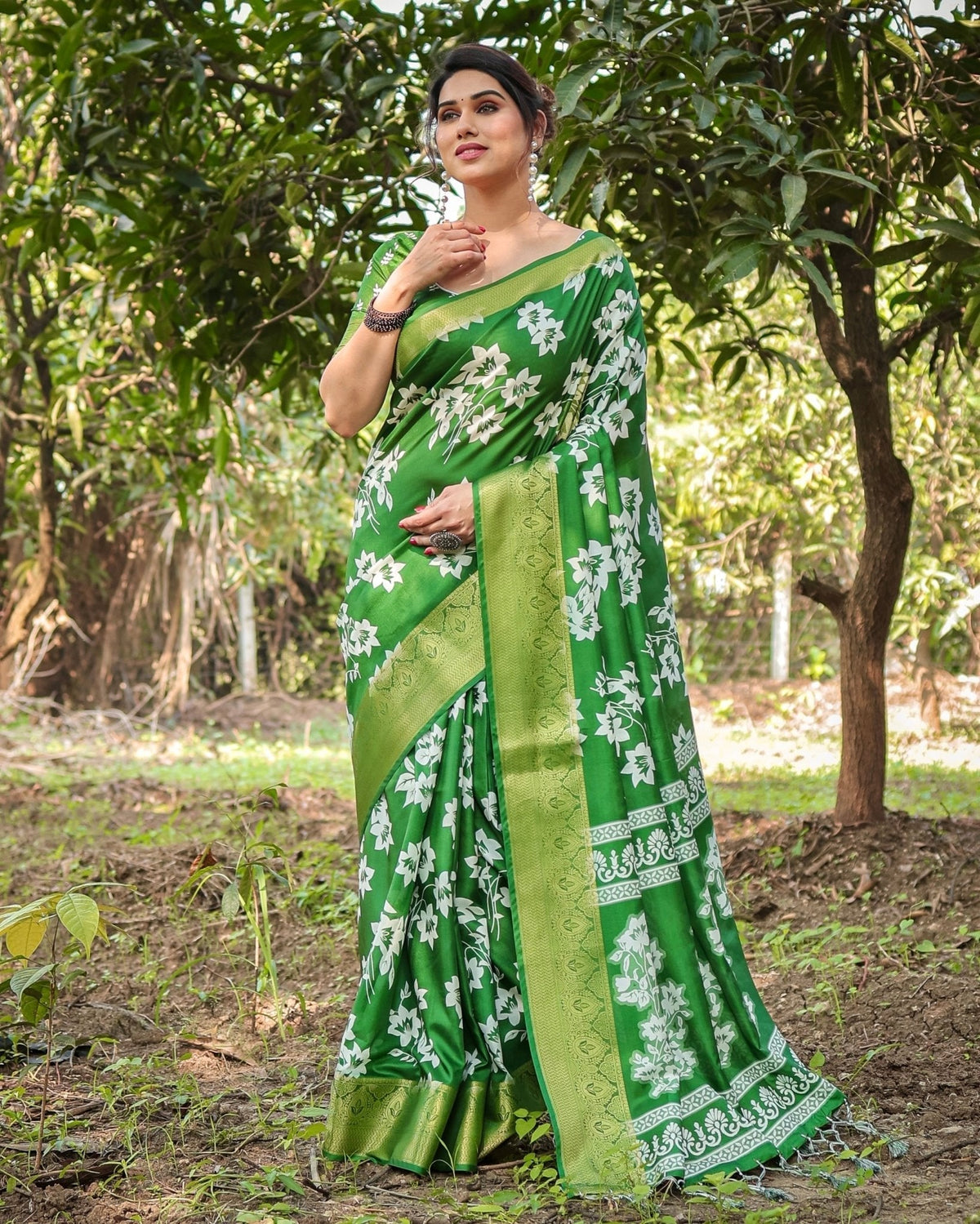 Enchanting Green Tussar Silk Saree with White Floral Prints and Zari