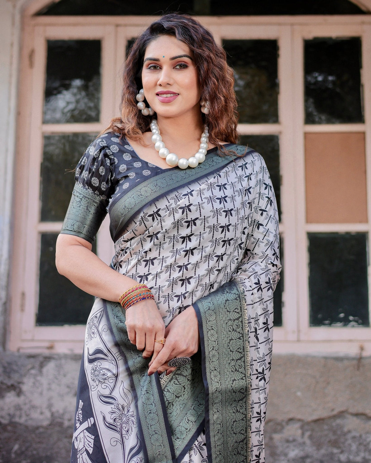 Monochrome White and Black Tussar Silk Saree with Tribal Art Motifs