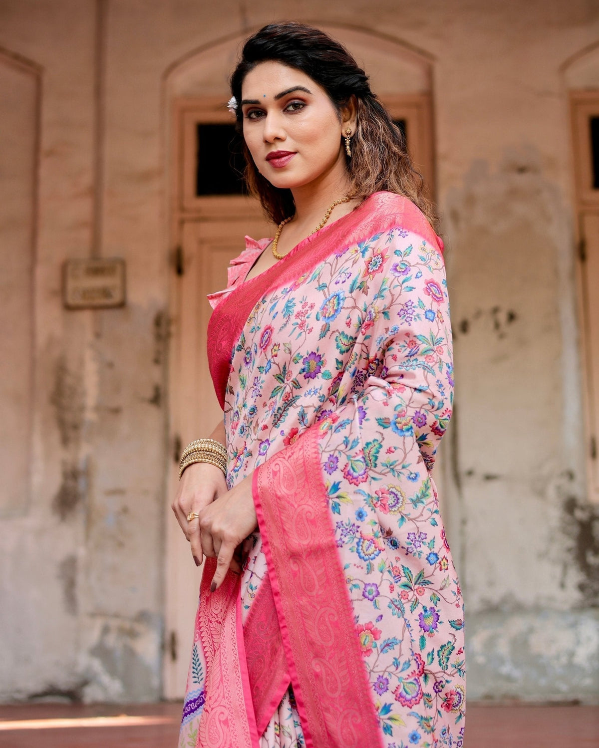 Blush Pink Tussar Silk Saree with Multicolor Floral Design and Zari