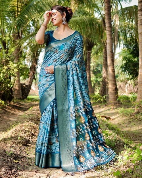 Mesmerizing Blue Tussar Silk Saree with Golden Zari Border and
