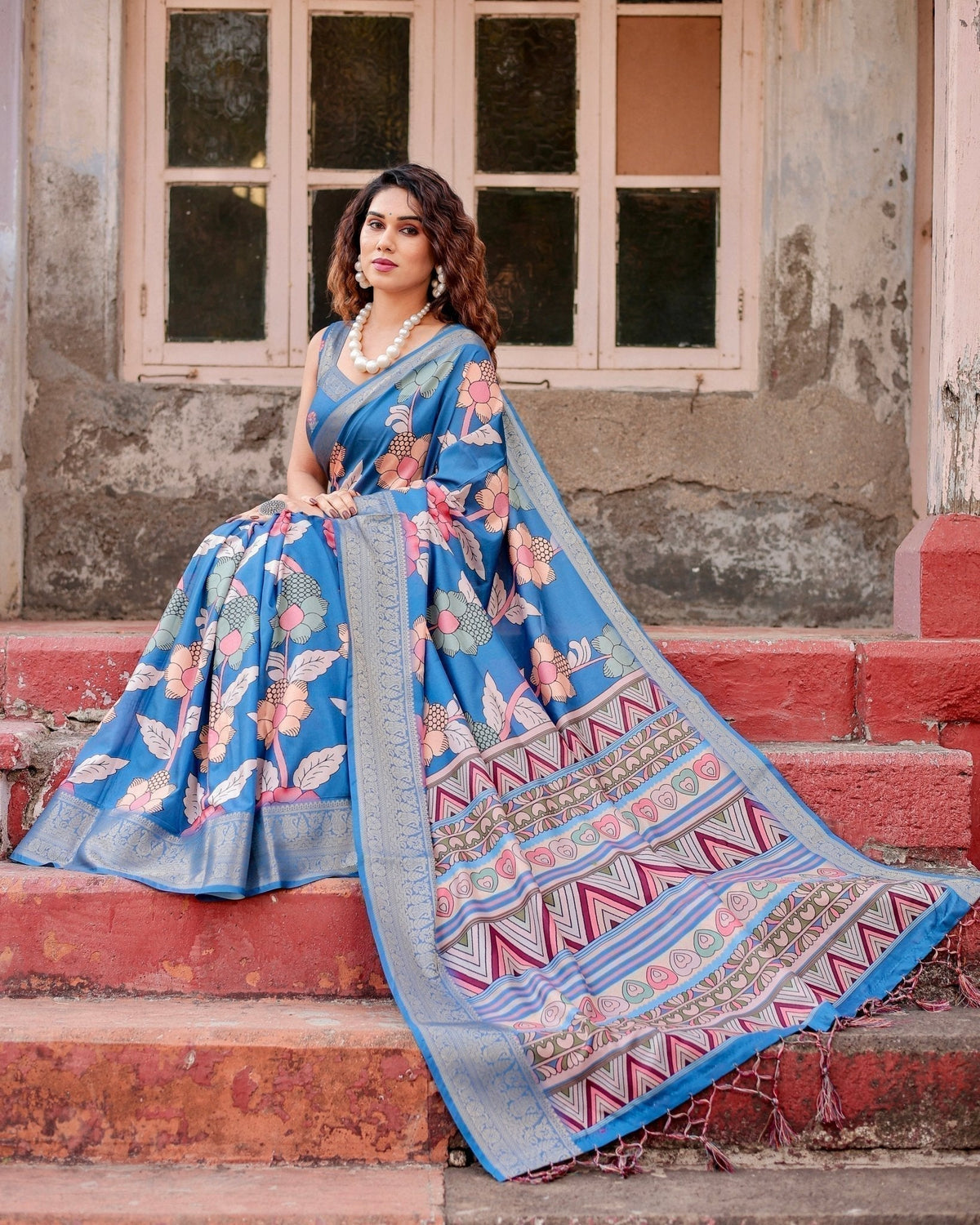 Sky Blue Tussar Silk Saree with Bold Floral Motifs and Chevron Pallu