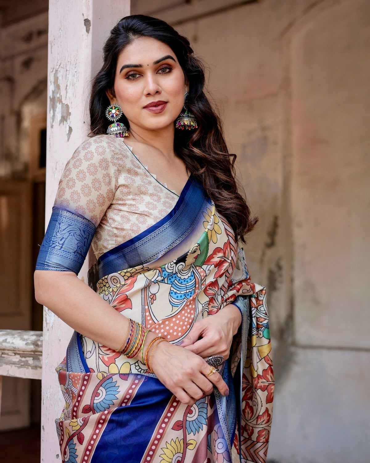 Multicolor Tussar Silk Saree with Artistic Floral Motifs and