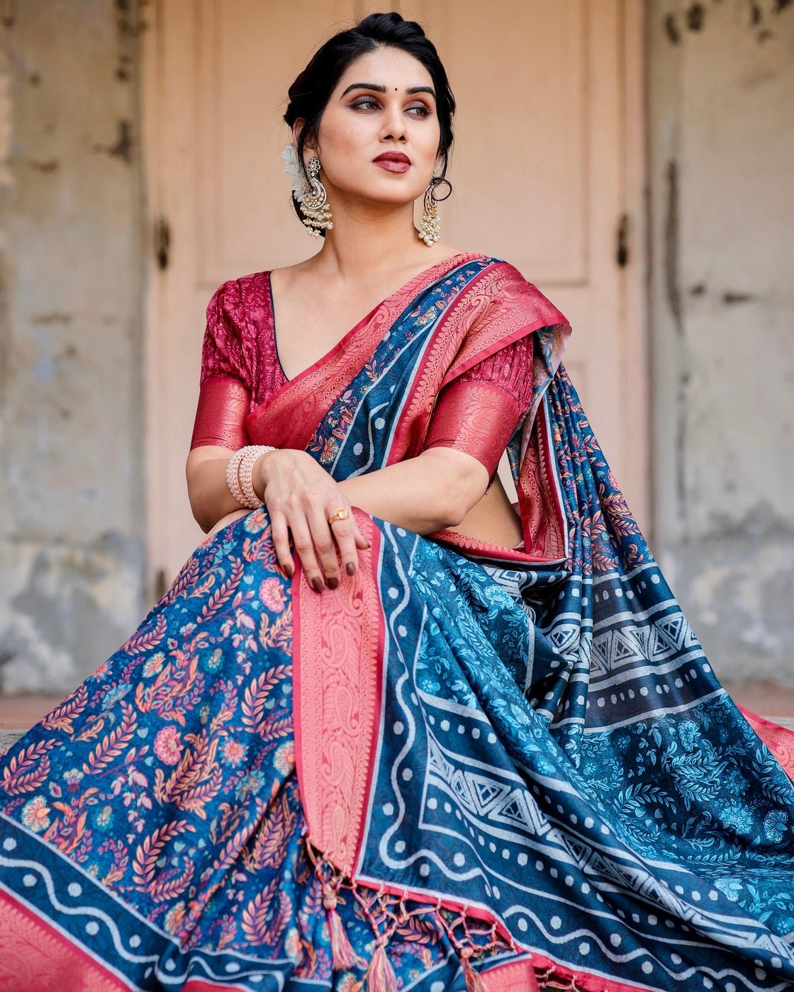 Teal Blue and Coral Tussar Silk Saree with Floral Weaves and Geometric