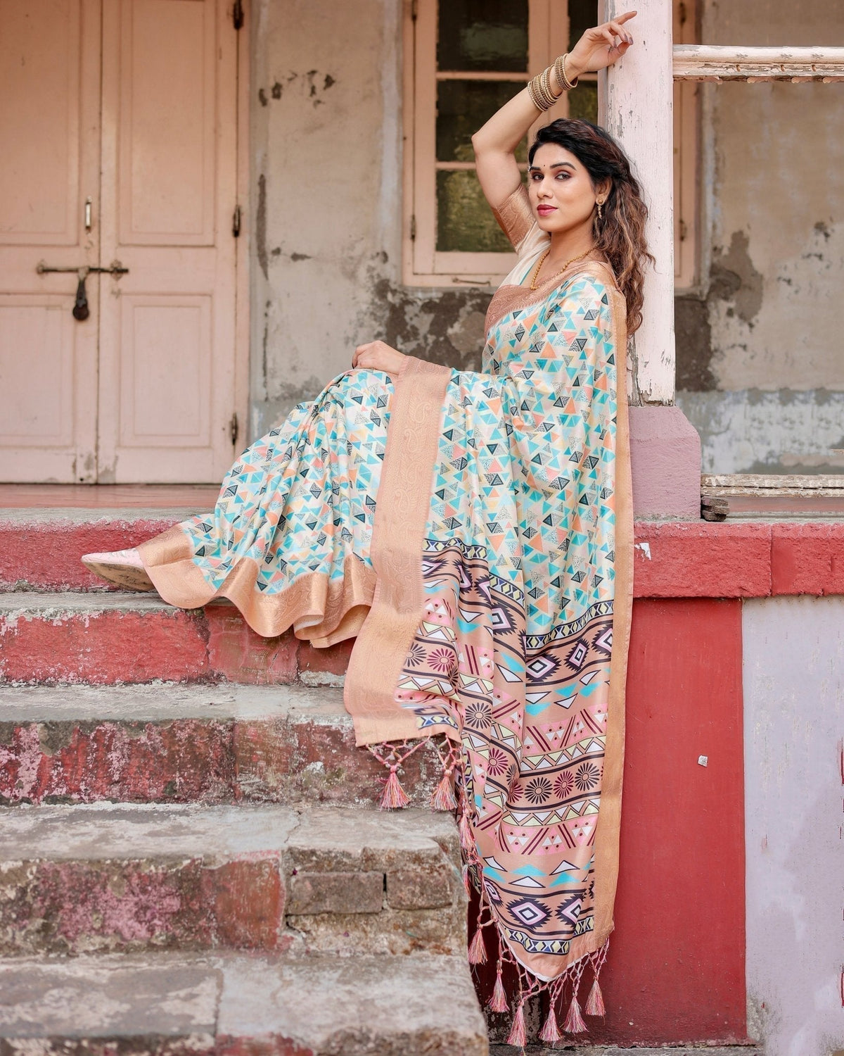 Contemporary Beige Tussar Silk Saree with Geometric Triangle Print and