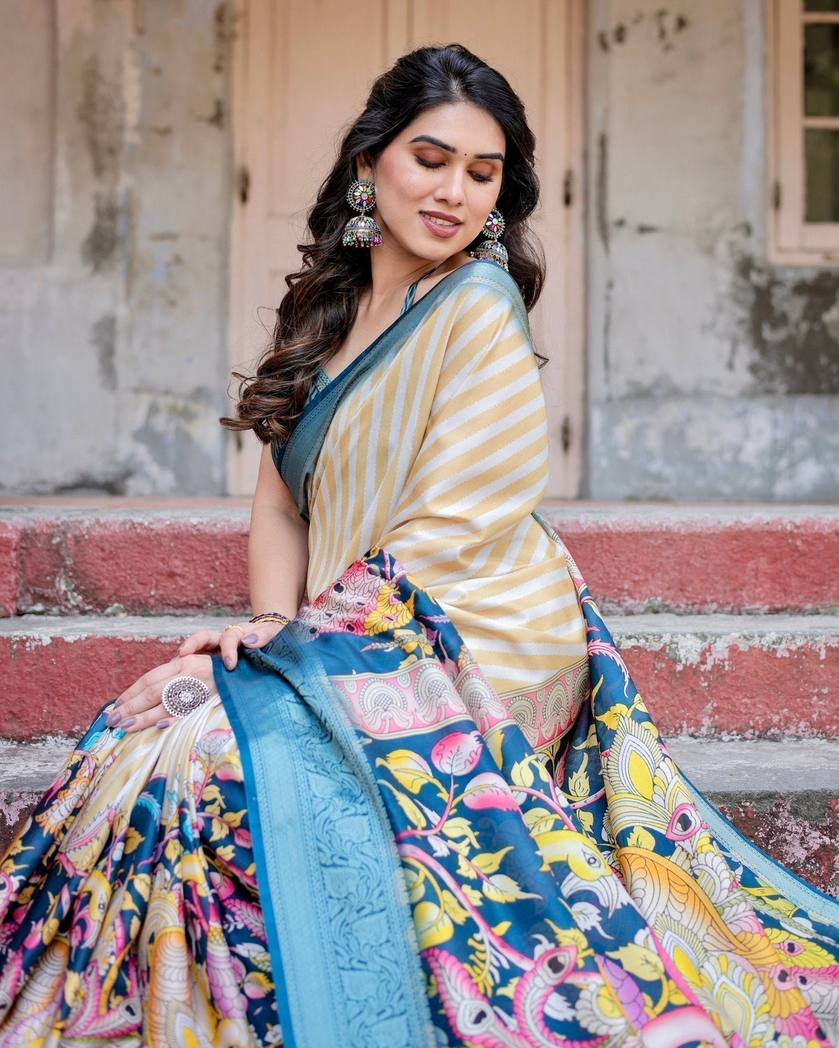Beige & Teal Tussar Silk Saree with Intricate Kalamkari and Zari