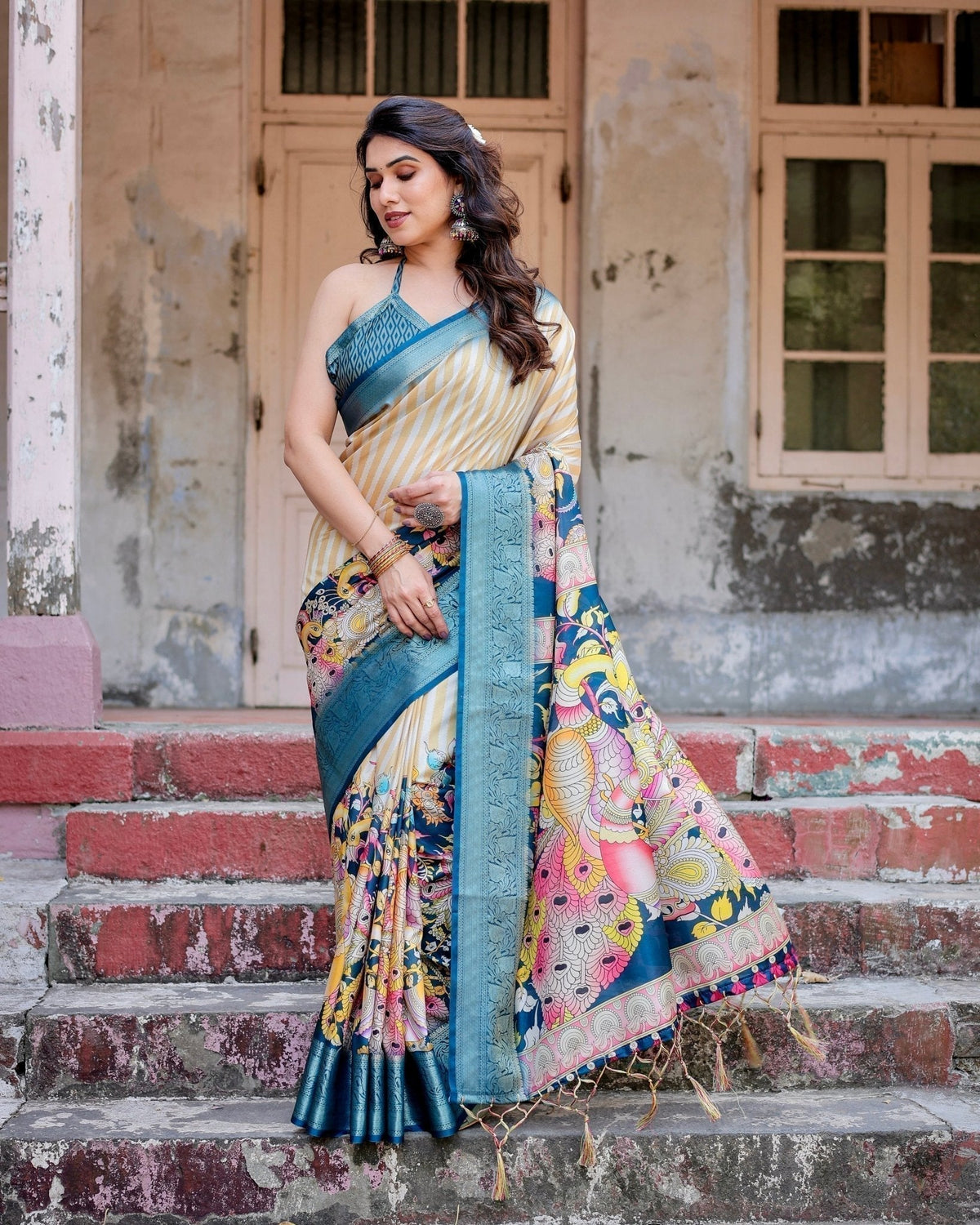 Beige & Teal Tussar Silk Saree with Intricate Kalamkari and Zari