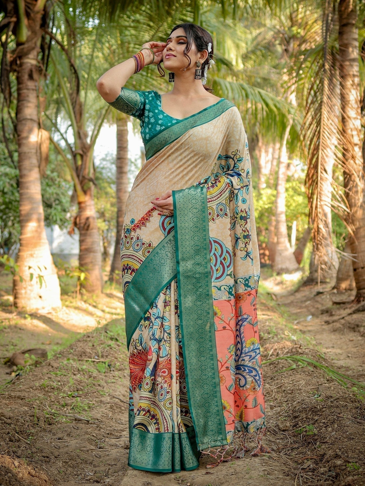 Elegant Tussar Silk Saree in Beige and Coral with Madhubani Pallu and