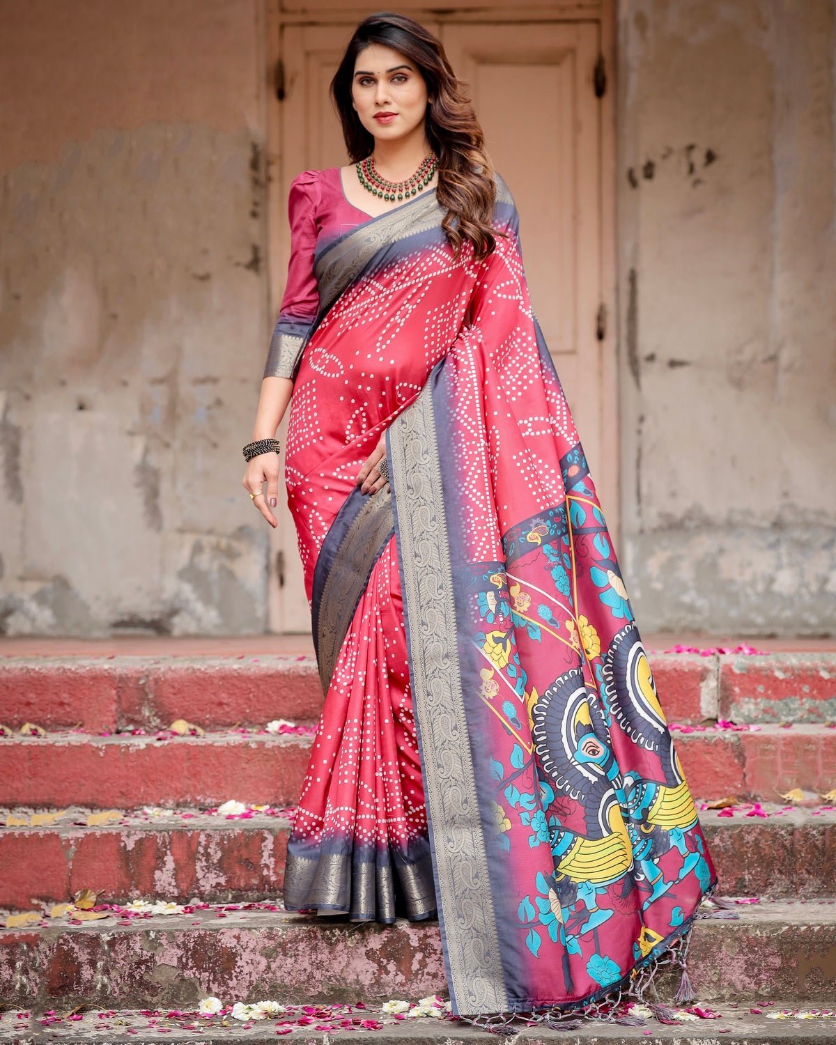 Crimson Red Tussar Silk Saree with Bandhani Patterns, Zari Border, and