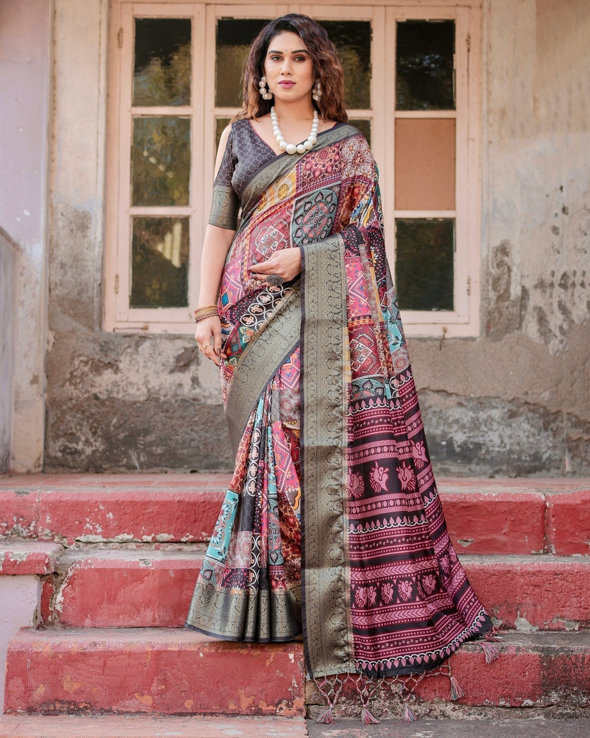 Multicolor Tussar Silk Saree with Ornamental Patchwork and Olive Zari