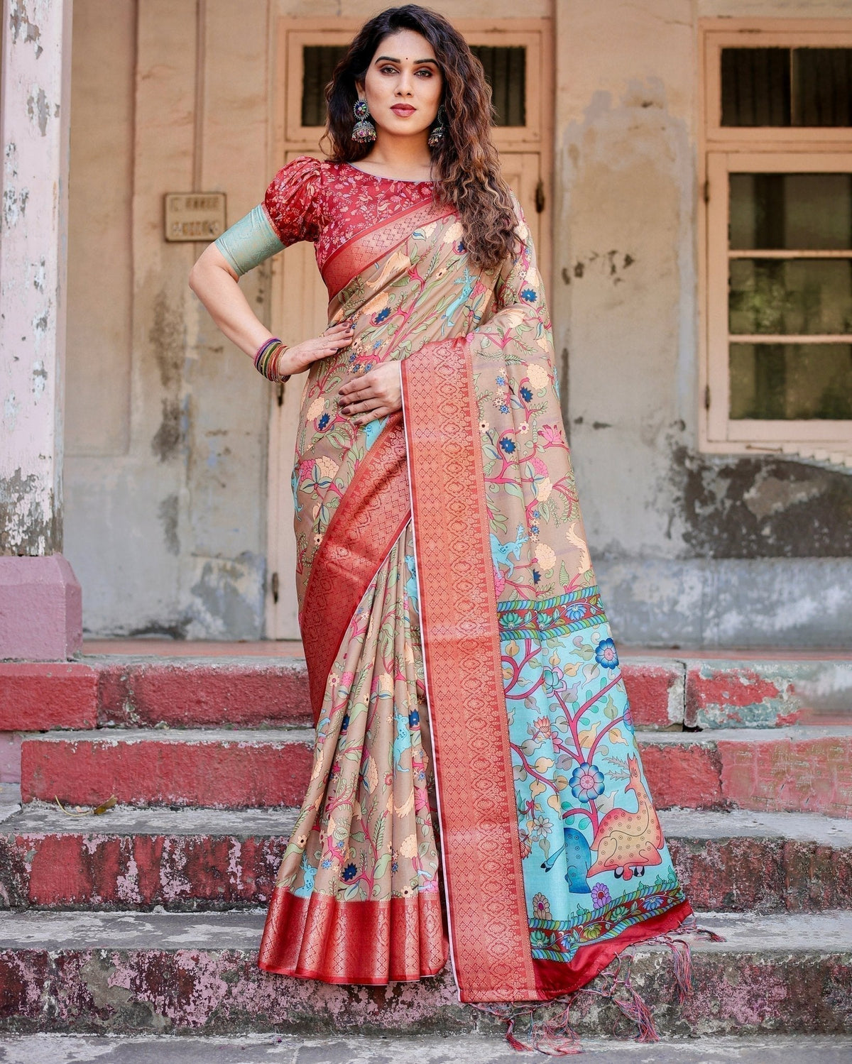 Beige Tussar Silk Saree with Vibrant Multicolor Floral Prints and Red
