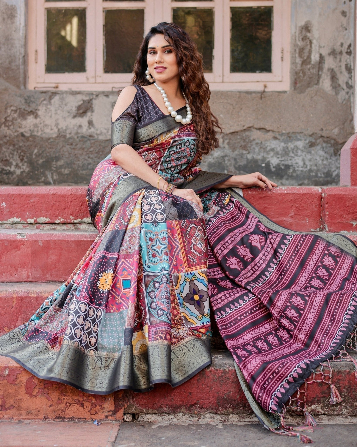Multicolor Tussar Silk Saree with Ornamental Patchwork and Olive Zari