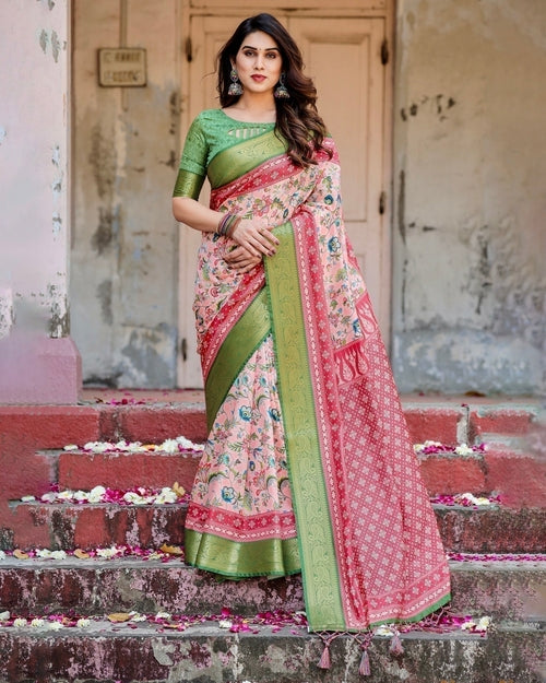 Blush Pink and Green Tussar Silk Saree with Floral Prints and