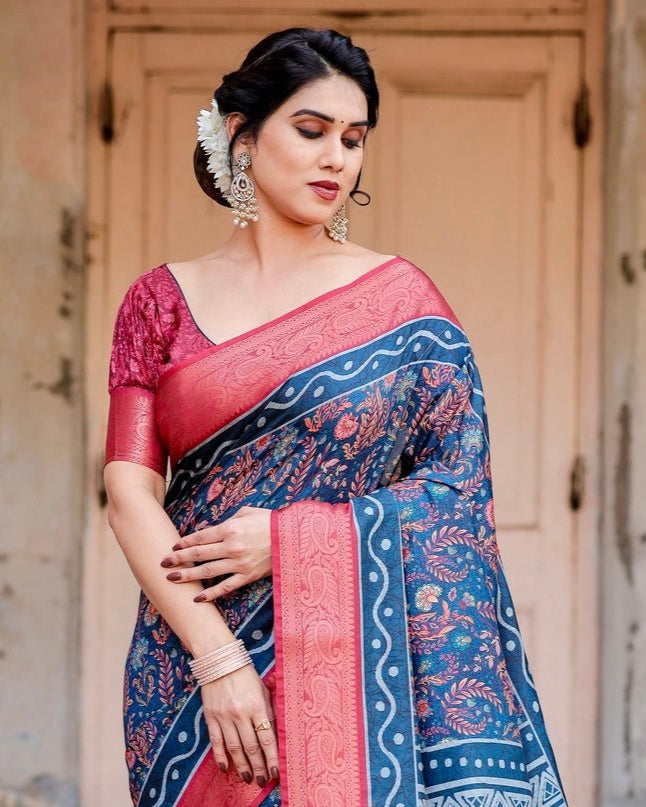 Teal Blue and Coral Tussar Silk Saree with Floral Weaves and Geometric