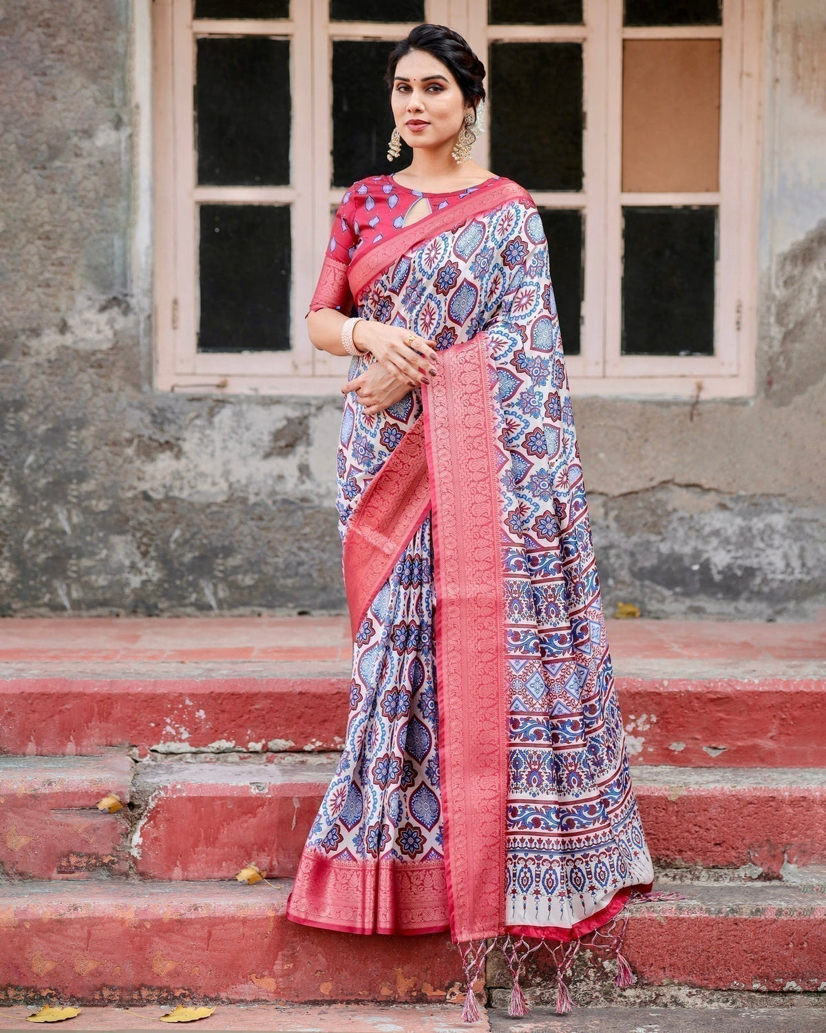 White and Red Tussar Silk Saree with Vibrant Floral Geometric Motifs