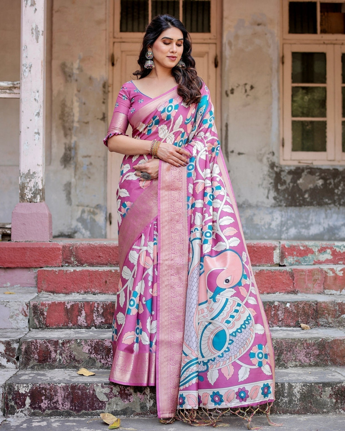 Blush Pink Tussar Silk Saree with Elegant Peacock and Floral Kalamkari
