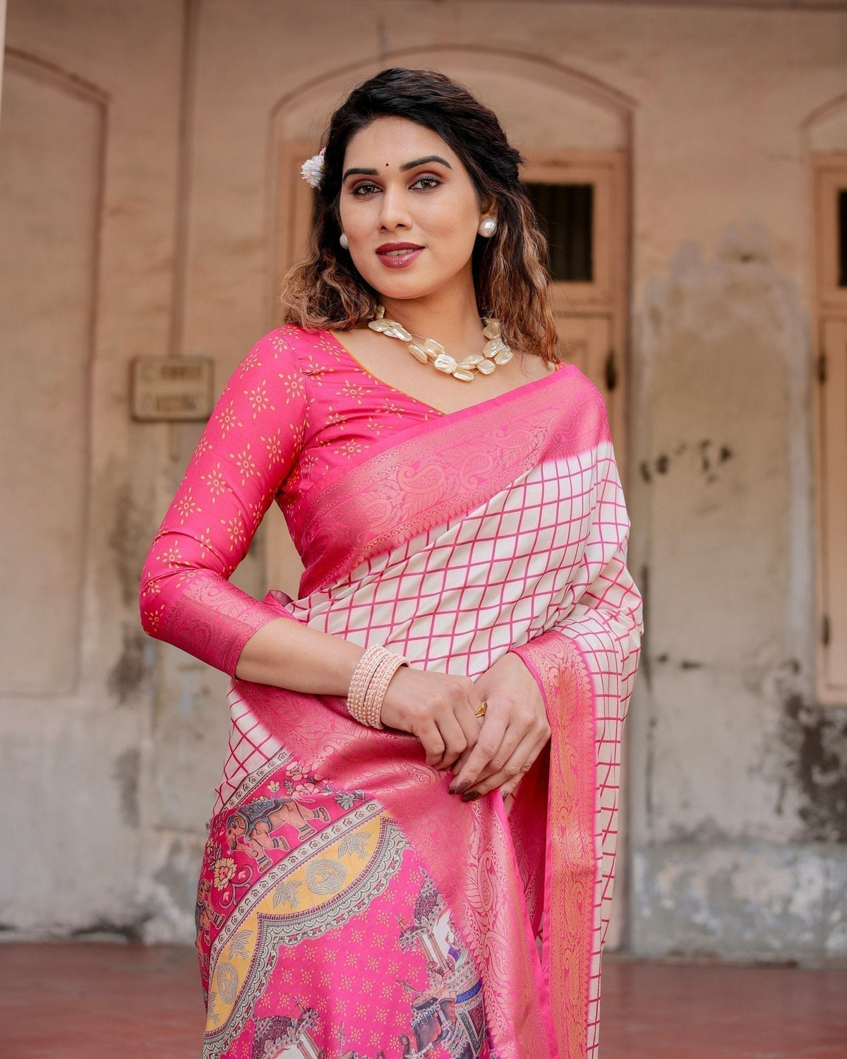 Pink and Ivory Tussar Silk Saree with Golden Zari Border and Majestic