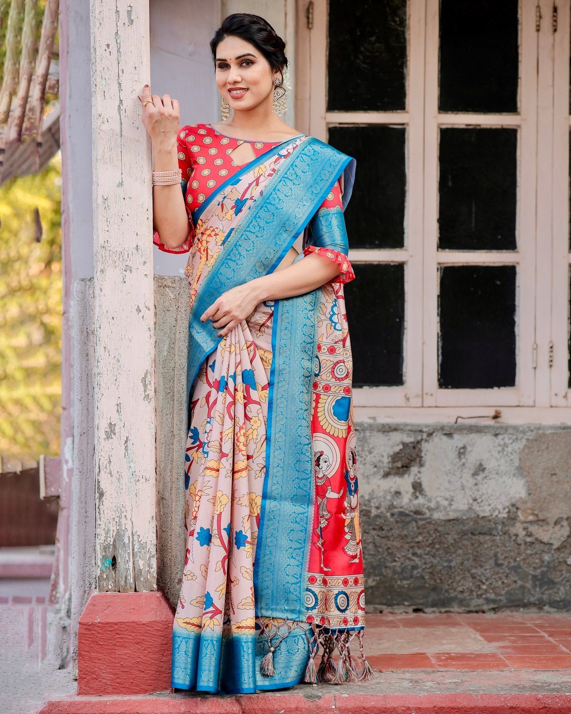 Beige and Red Tussar Silk Saree with Divine Motifs and Floral Zari