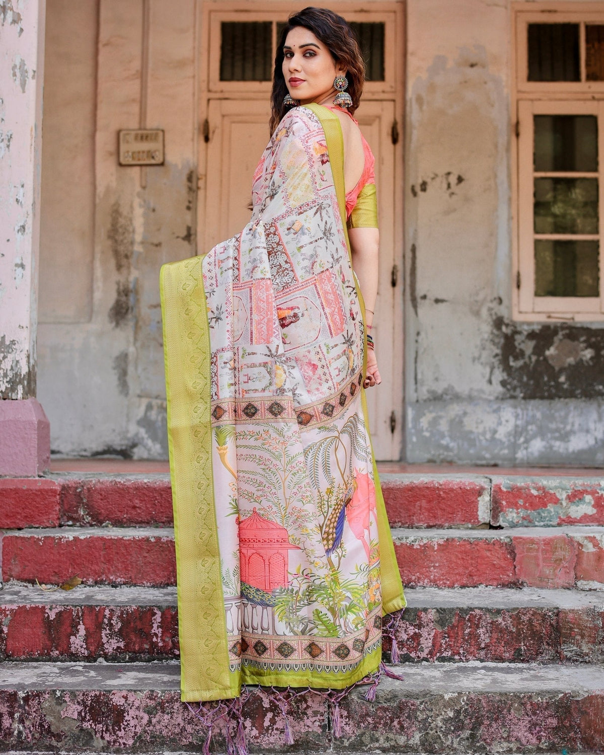 Pastel Tussar Silk Saree with Lime Green Zari Border and Hand-Painted