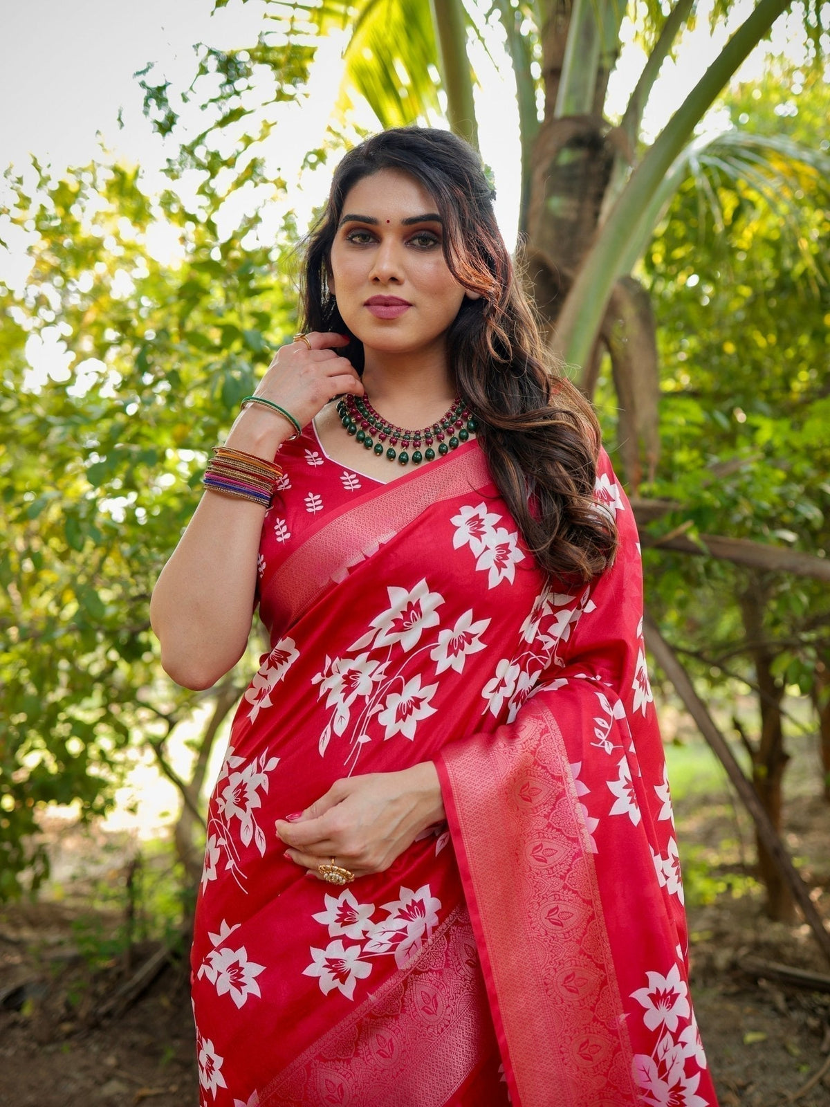 Graceful Red Tussar Silk Saree with White Floral Design and Zari