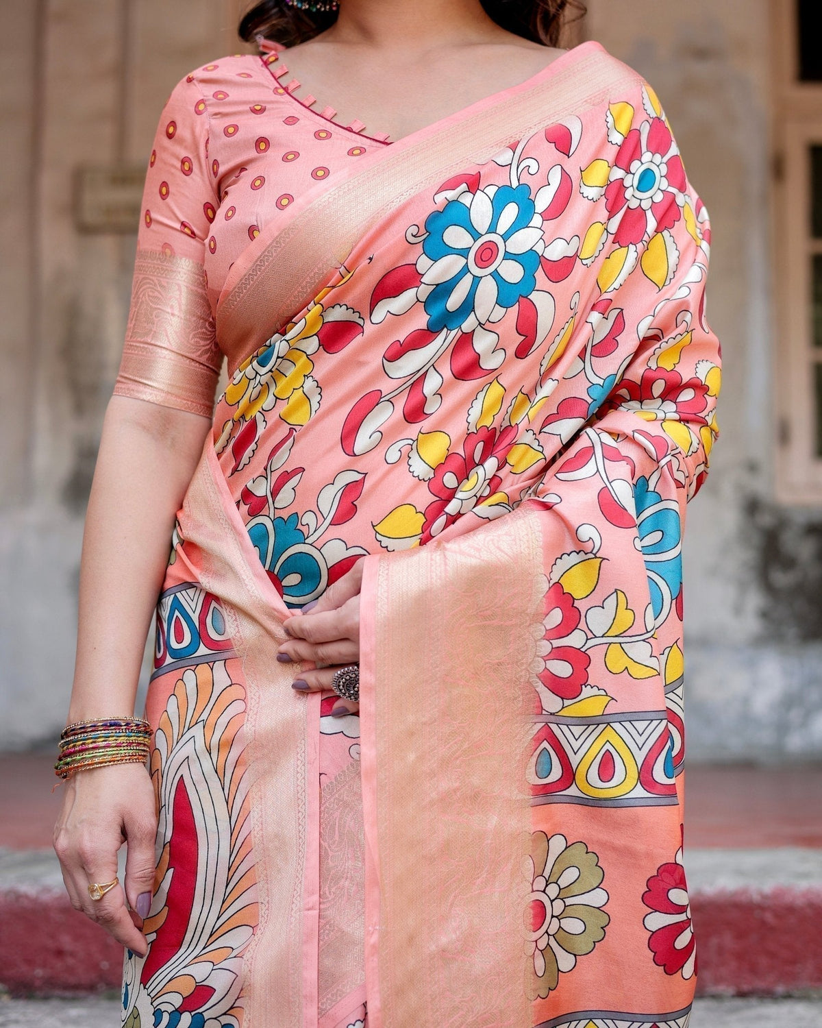Peach Tussar Silk Saree with Vibrant Floral Kalamkari and Zari