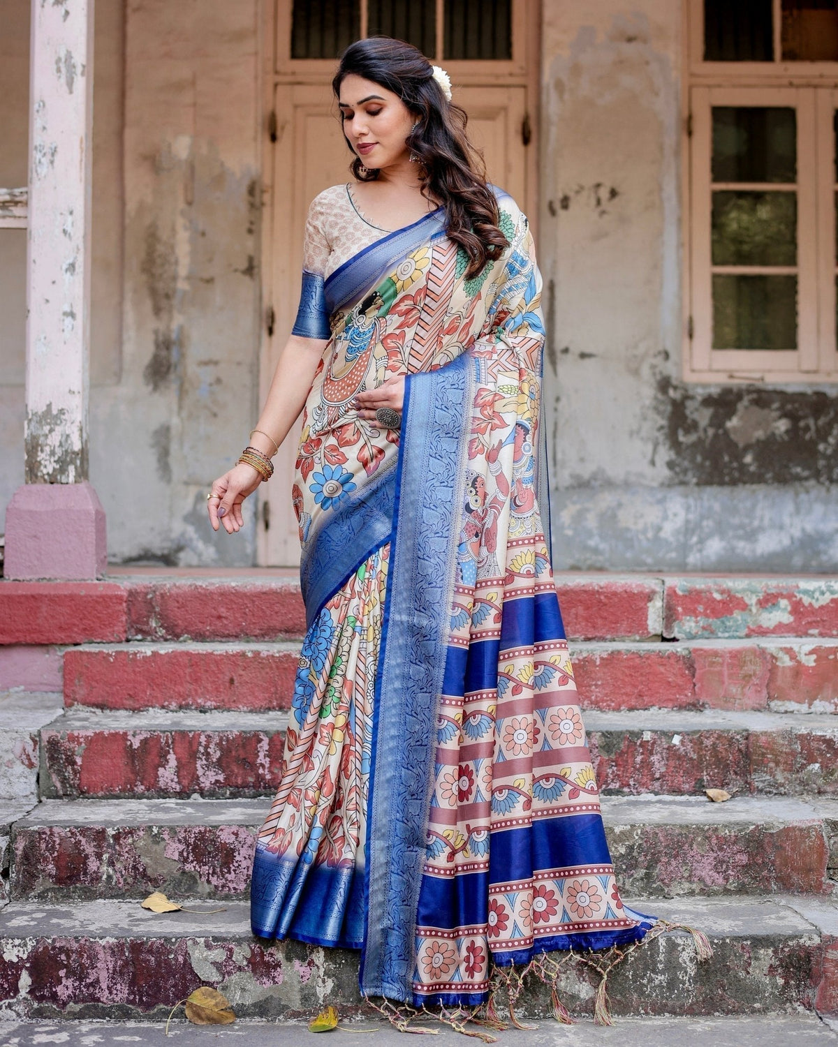 Multicolor Tussar Silk Saree with Artistic Floral Motifs and