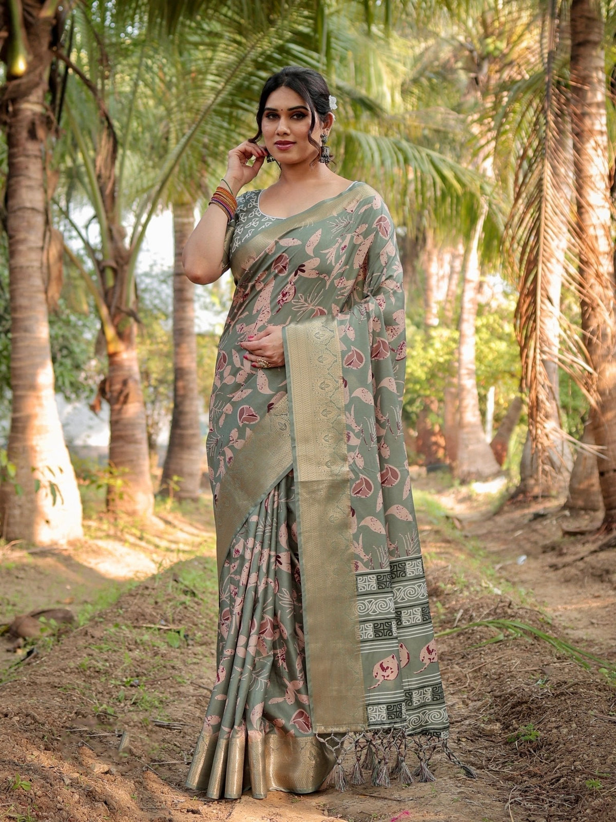 Graceful Olive Green Tussar Silk Saree with Intricate Beige and Maroon