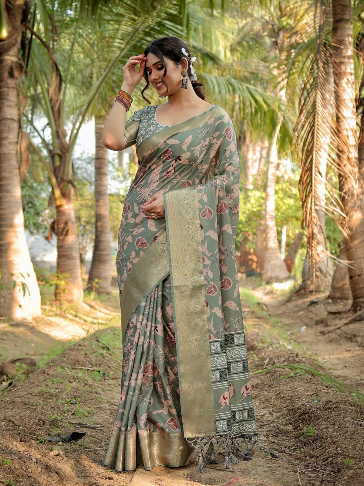 Graceful Olive Green Tussar Silk Saree with Intricate Beige and Maroon