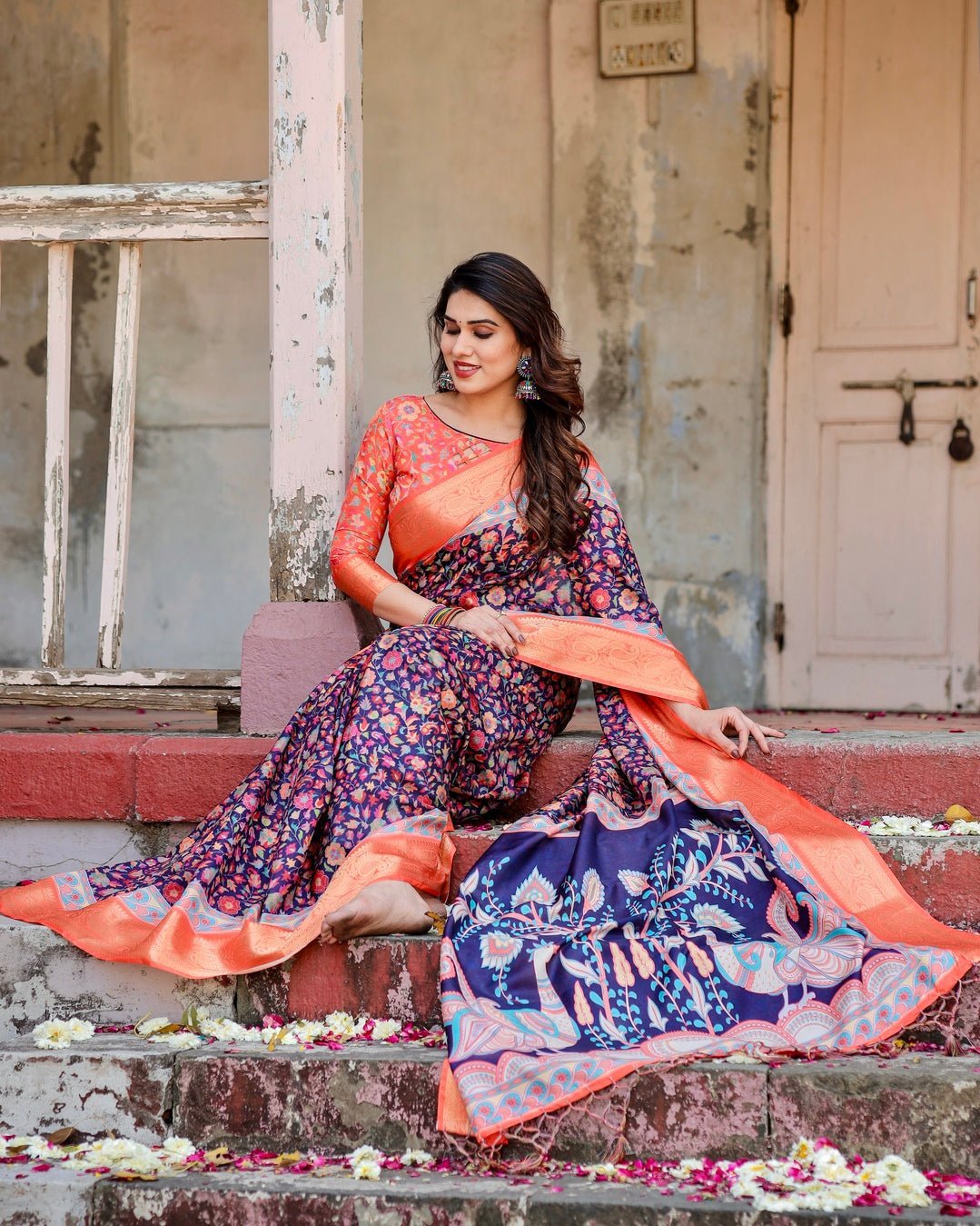 Navy Blue and Peach Tussar Silk Saree with Peacock Motifs and Floral
