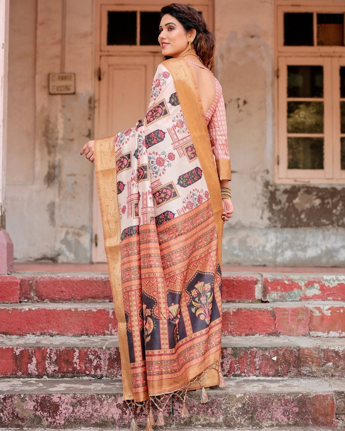 Ivory Tussar Silk Saree with Artistic Floral Motifs and Gleaming