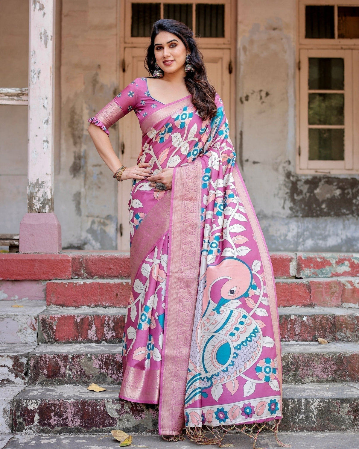 Blush Pink Tussar Silk Saree with Elegant Peacock and Floral Kalamkari