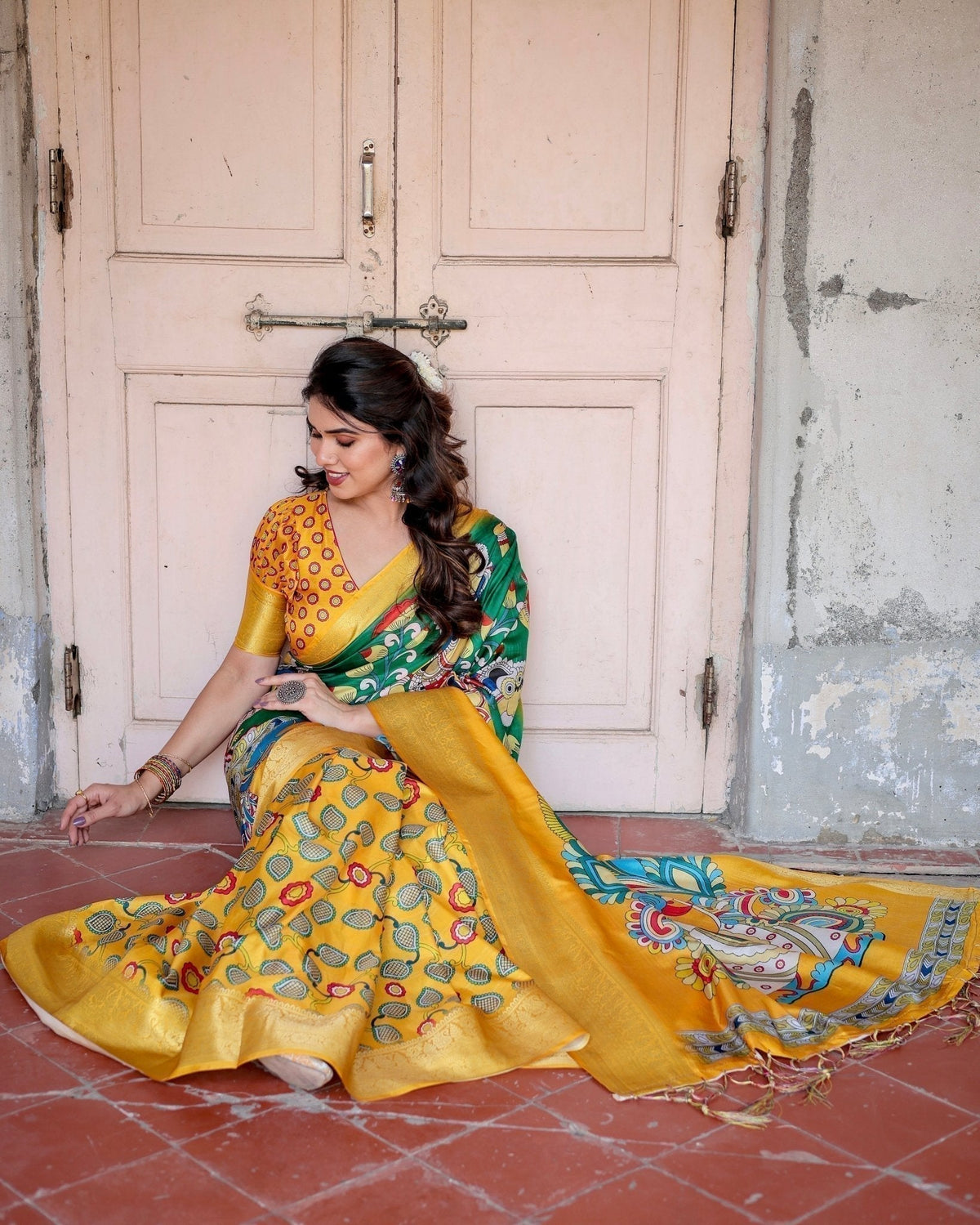 Golden Yellow Tussar Silk Saree with Vibrant Peacock Kalamkari Motifs